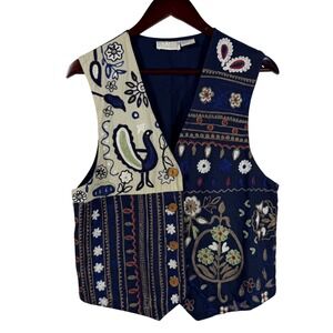 Vintage Embroidered Cotton Vest Folk Art Patchwork Ivy Club‎ Classics 1990s M